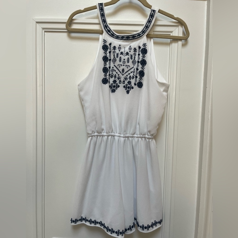 Three Pink Hearts White Romper with Navy Designs